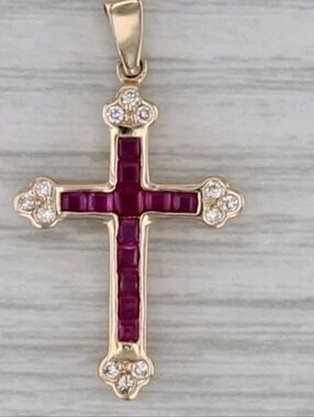 10K Yellow Gold Ruby Cross with Diamond Accent- Tested